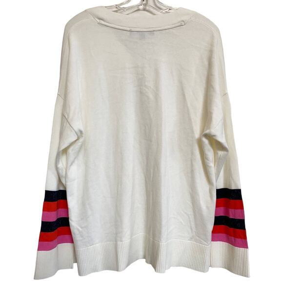TOMMY HILFIGER Rainbow Striped-Sleeve Sweater V-Neck Pullover‎ SZ M NWOT - Picture 3 of 10